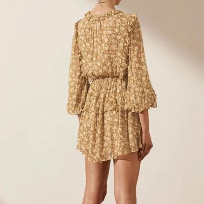 Shona Joy Julia Balloon Sleeve Draw String Mini Dress - Mustard Print Size 8 thumbnail 2
