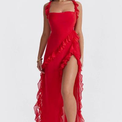 House of CB Ariela Ruffle Maxi Dress - Cherry Size XS and Soft Blue Size XS and M