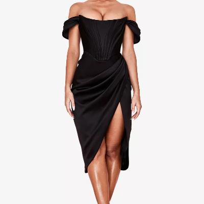 House of CB Loretta Satin Off Shoulder Dress - Black - Size S thumbnail 2