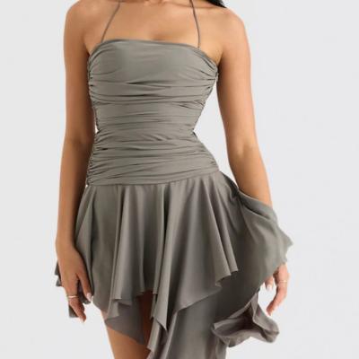 House of CB Valeria - Smoke Grey Gathered Asymmetric Mini Dress Size XS thumbnail 3