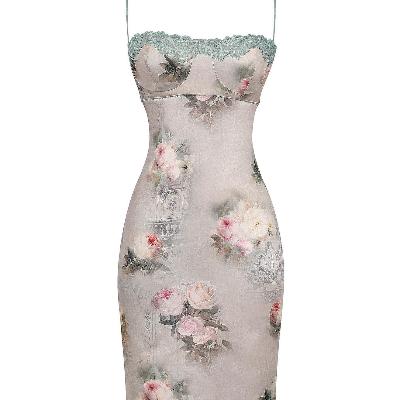 House of CB Venus Vintage Floral Midi Dress Green/beige - Size XS