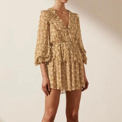 Shona Joy Julia Balloon Sleeve Draw String Mini Dress - Mustard Print Size 8