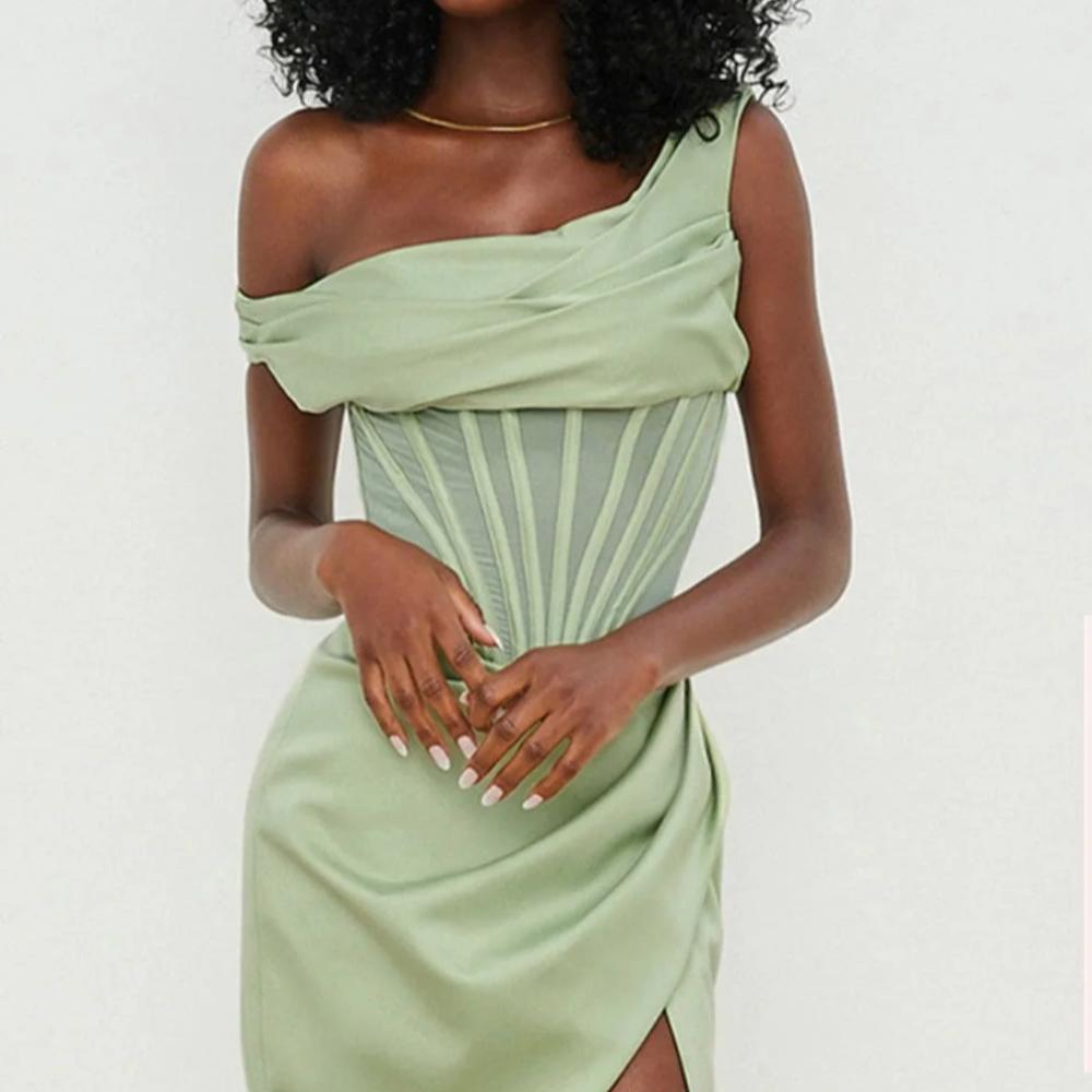 House of CB Lulu Pistachio Asymmetric Drape Midi Corset Dress - Size S
