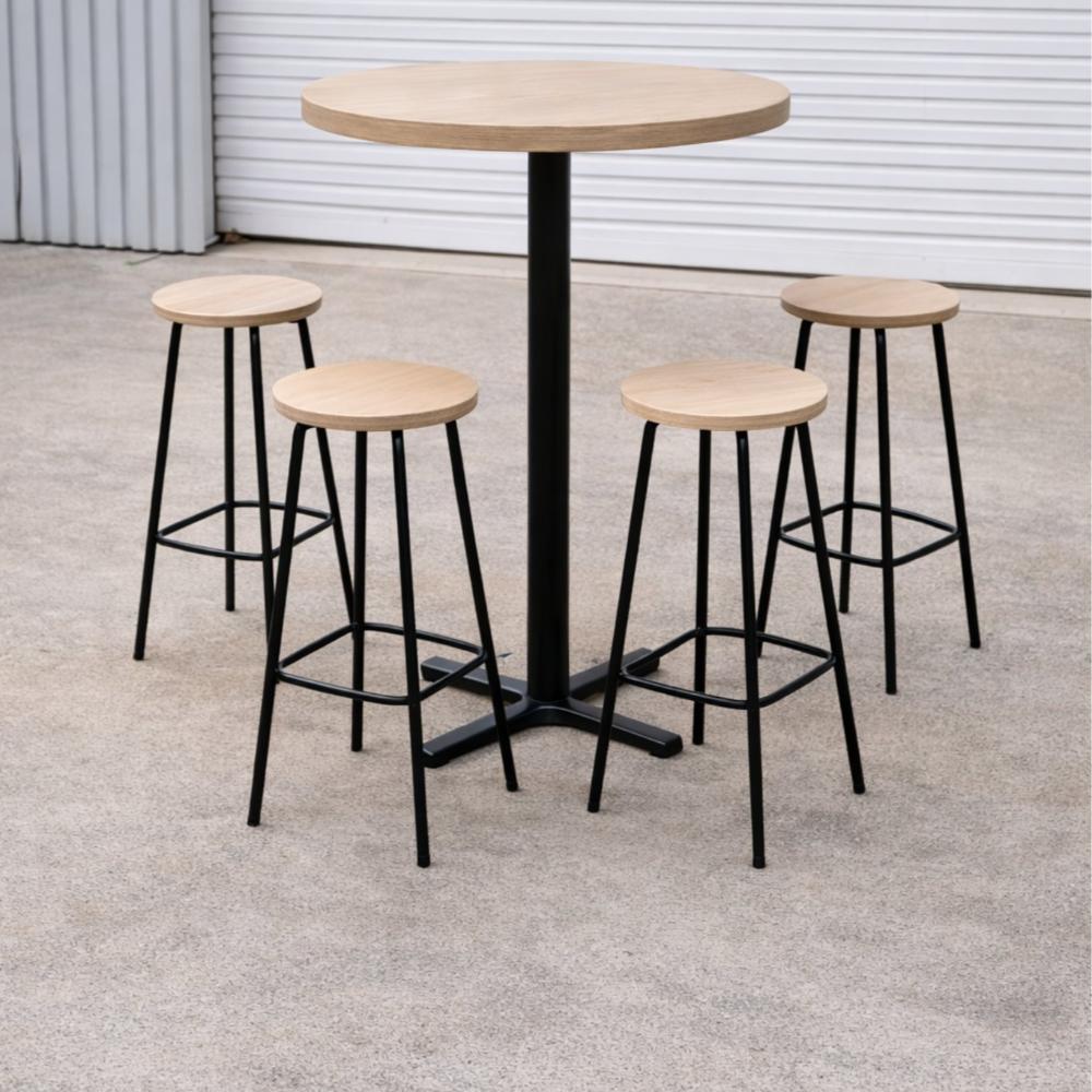 Dry Bar - Light Timber Top and Black Base Tables & 4 stools Set