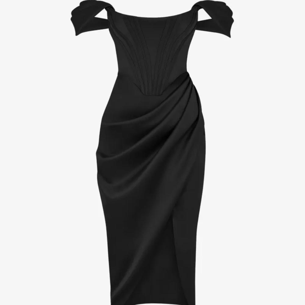House of CB Loretta Satin Off Shoulder Dress - Black - Size S