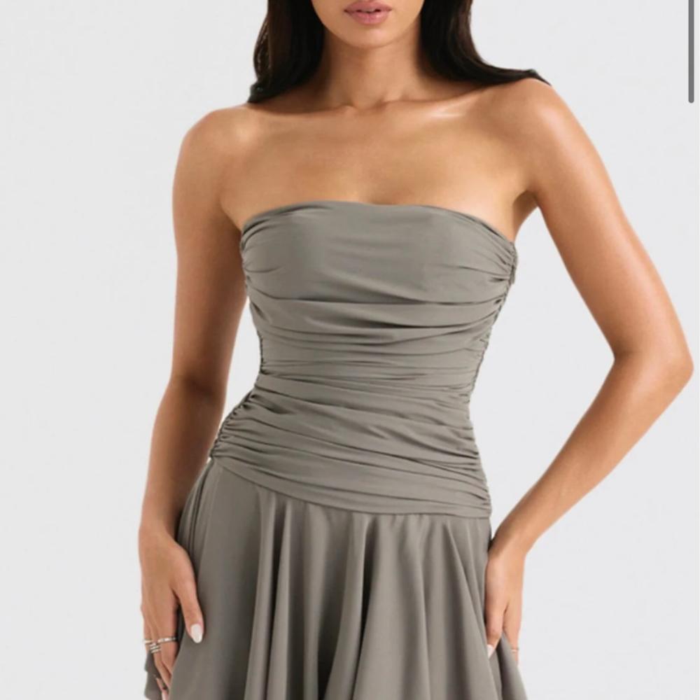 House of CB Valeria - Smoke Grey Gathered Asymmetric Mini Dress Size XS