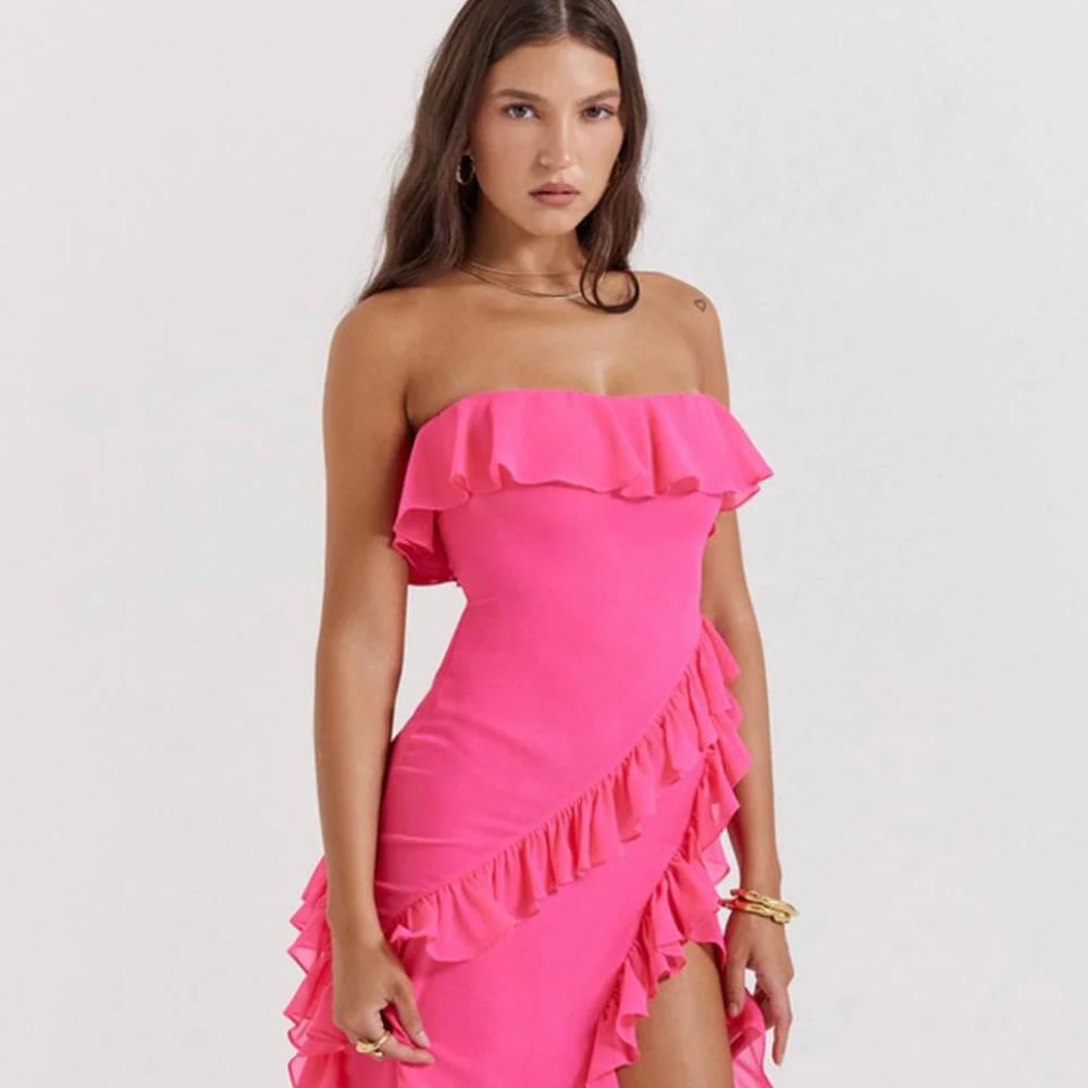 House of CB Sarina Hot Pink Ruffle Maxi Dress- Sizes XS, S, M