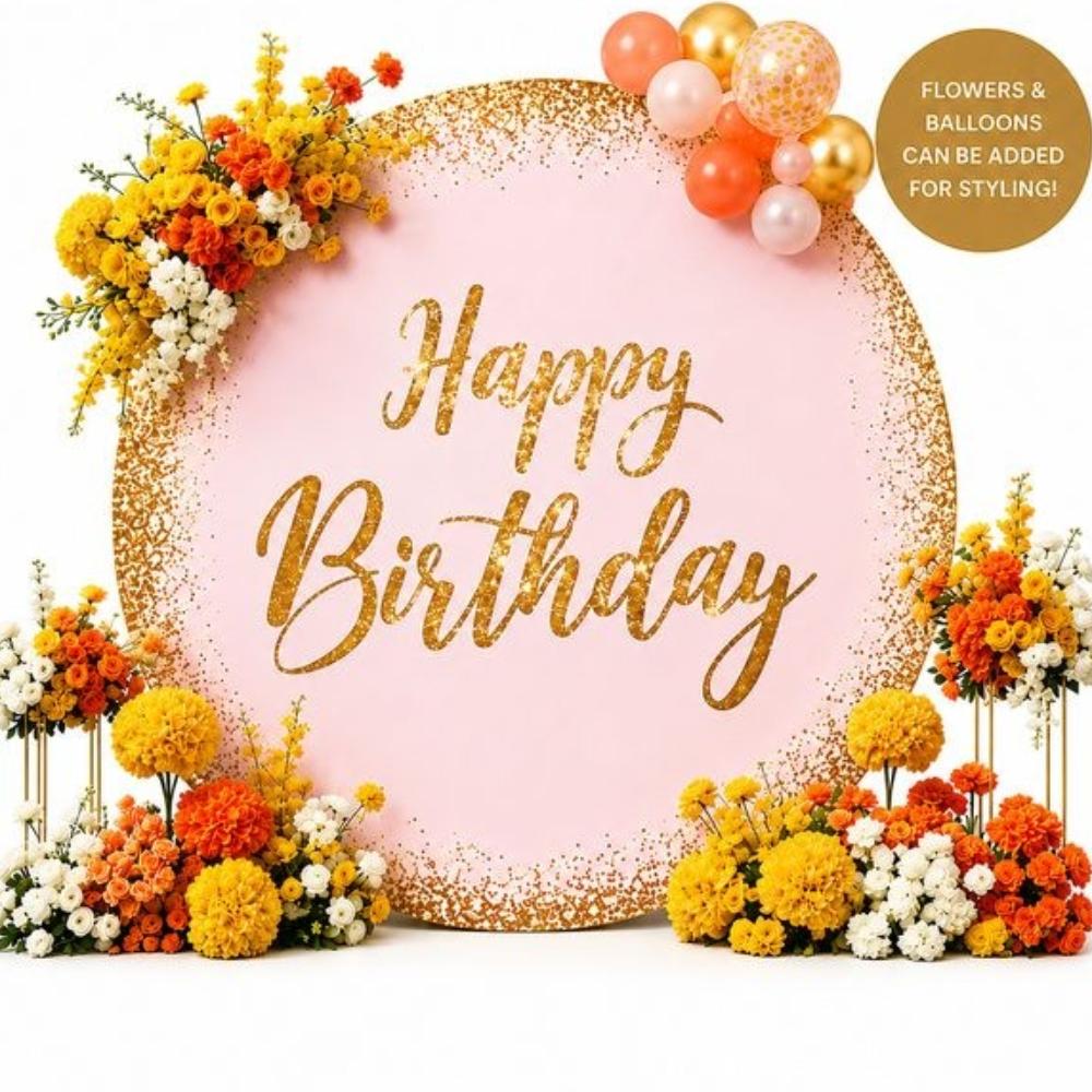 Backdrop Pink Happy Birthday on a White Circle backdrop Stan