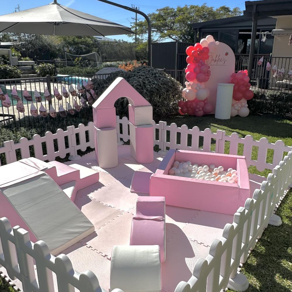 Kids Pink Party Package - Backdrop, Balloons and Soft Play