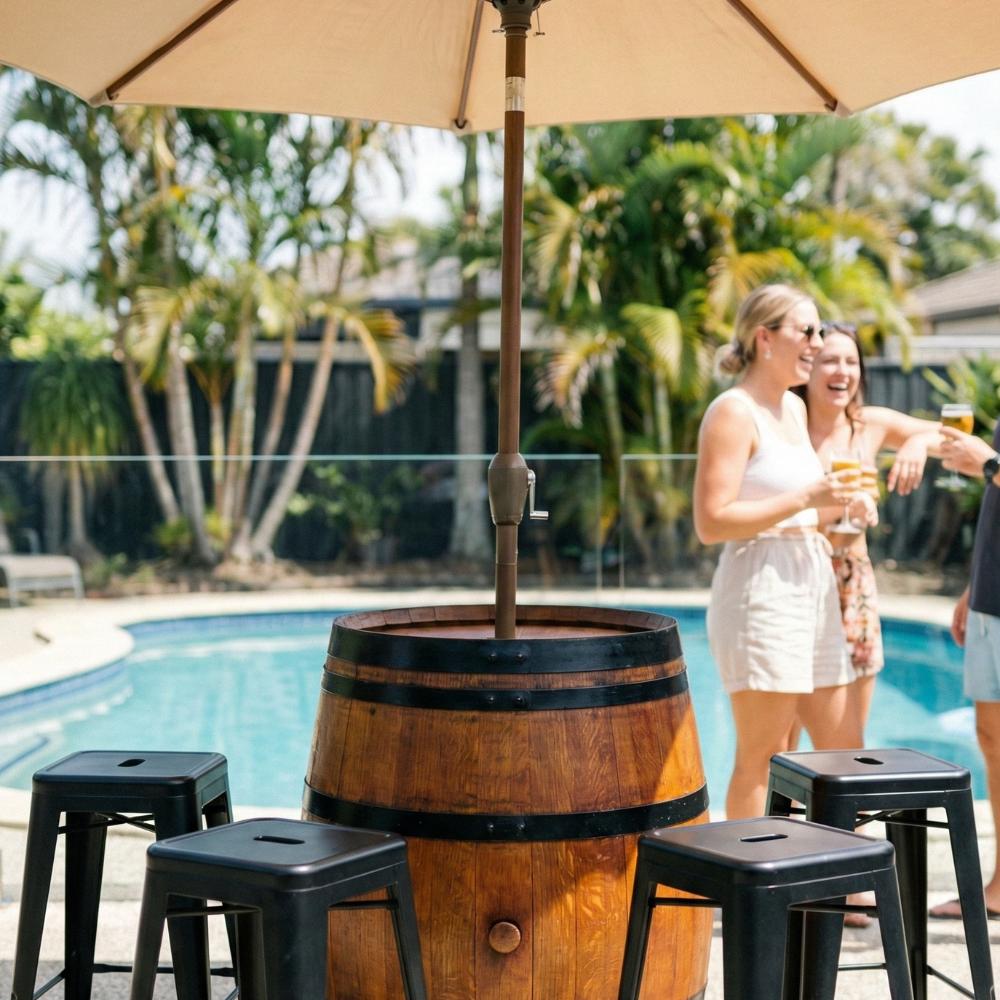 Wine Barrel, Umbrella, Half Barrel & Bar Stool Chair Package
