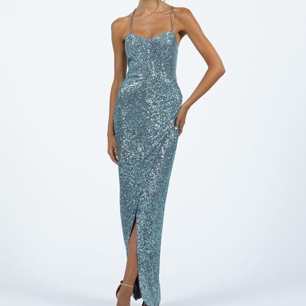 Bariano Isabella Sequin Drape Blue Maxi Size 12