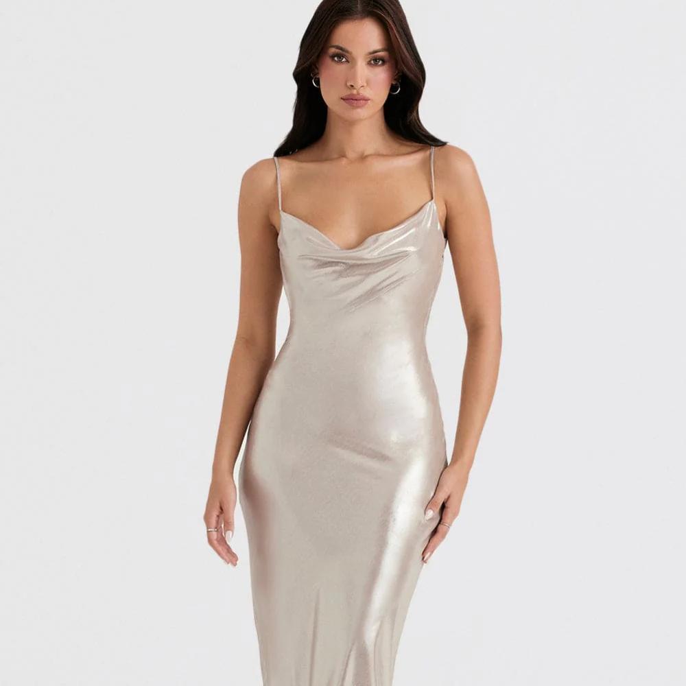 House of CB Leia Champagne Shimmer, Low Back Maxi Dress - Size S