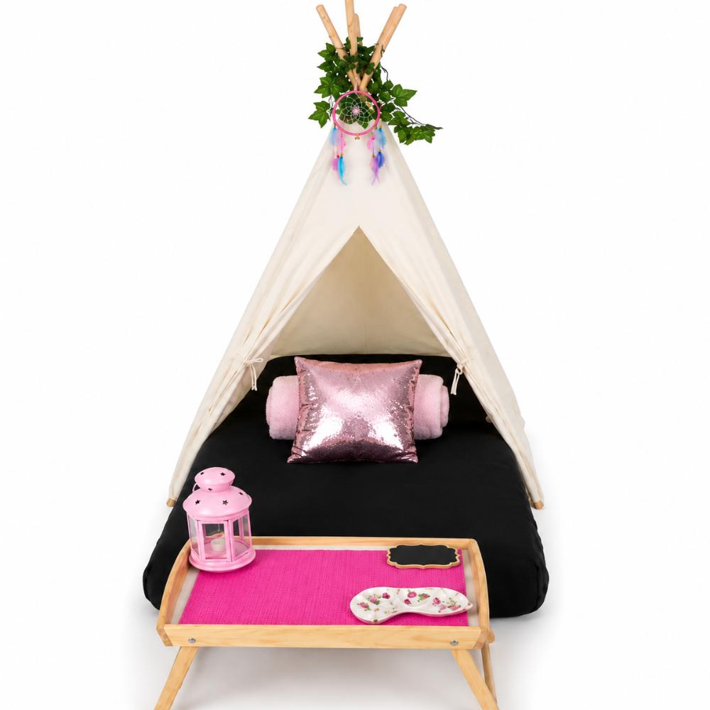 Teepee tent, mattress, blanket. For slumber parties. Cream Tent, Black covers