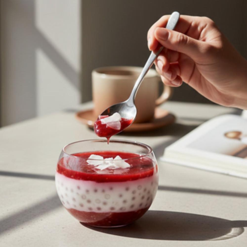 Strawberry Rhubarb Coconut Sago Bowls | Gluten Free Dessert