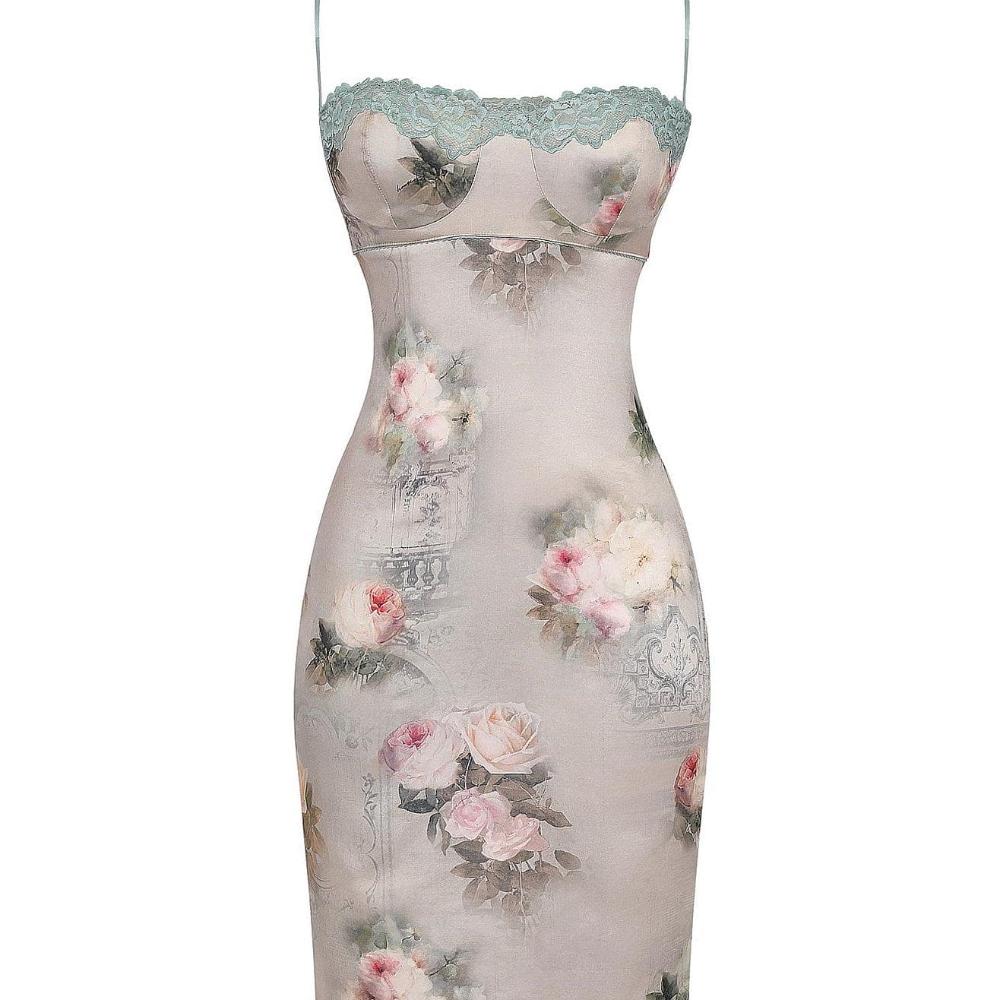 House of CB Venus Vintage Floral Midi Dress Green/beige - Size XS
