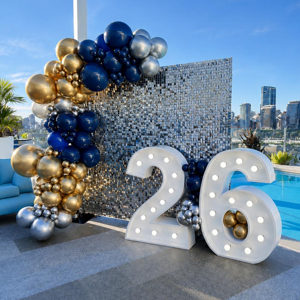 Light up numbers, Shimmer wall and Balloon Garland