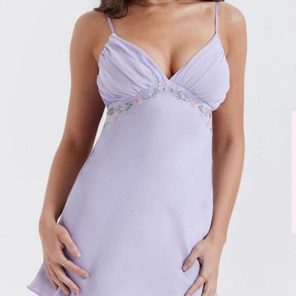House of CB Christa Embroidered Lavender Mini Dress - Size S plus cup
