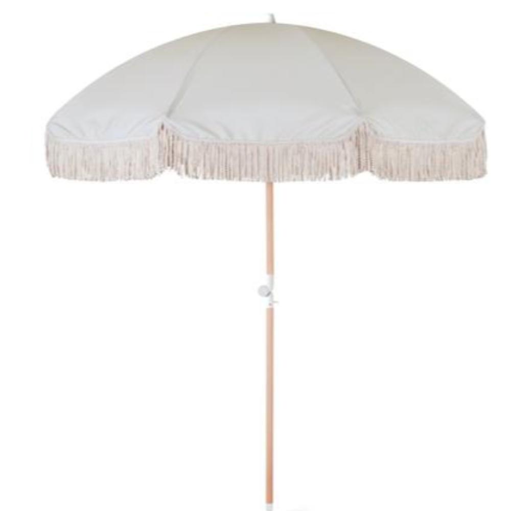 Antique white fringe beach umbrella