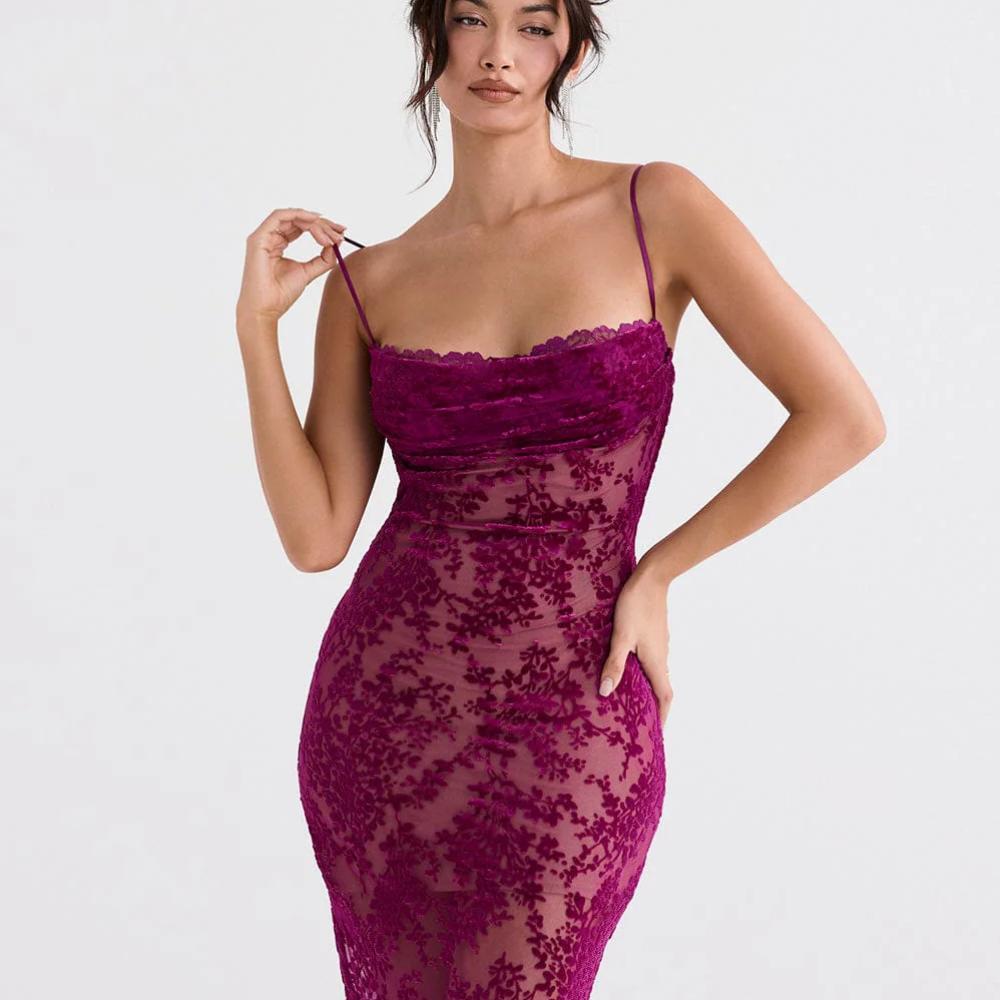 House of CB Ione Cranberry Devore Midi Dress Purple - Size S