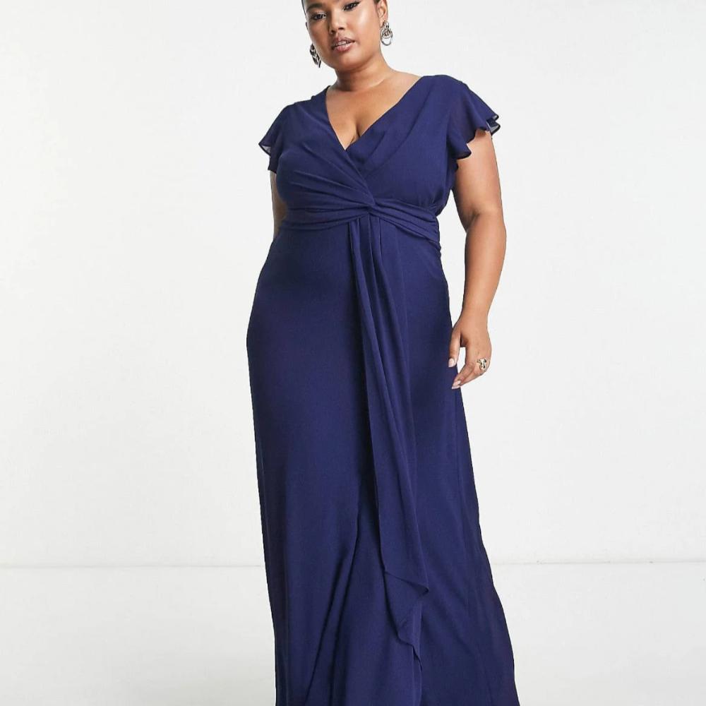 TFNC Plus Bridesmaid Flutter Sleeve Ruffle Detail Maxi Dress - Navy, Emerald, Red Size 18