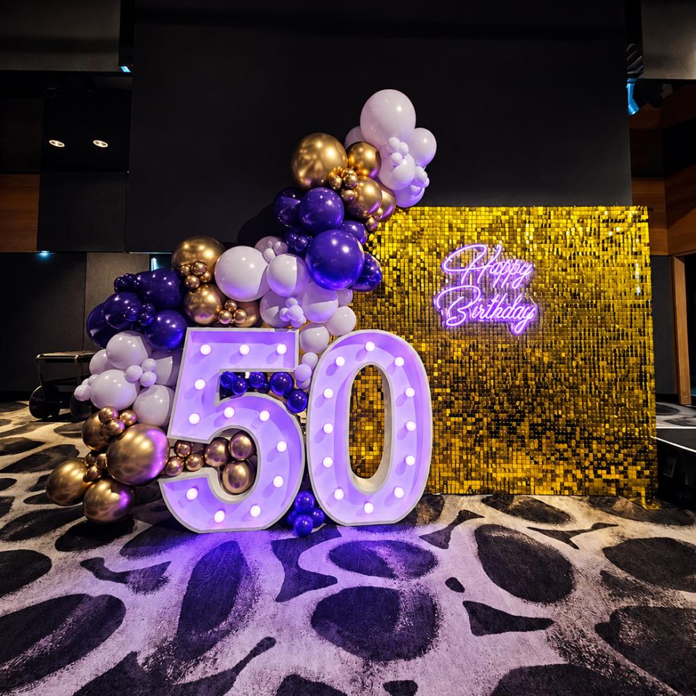 Light Up Numbers, Shimmer Wall, Neon and Balloon Garland