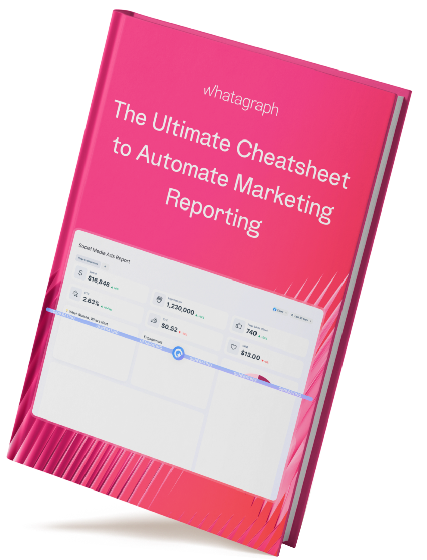 Book Desktop - A pink book with the title "The Ultimate Cheatsheet to Automate Marketing Reporting."