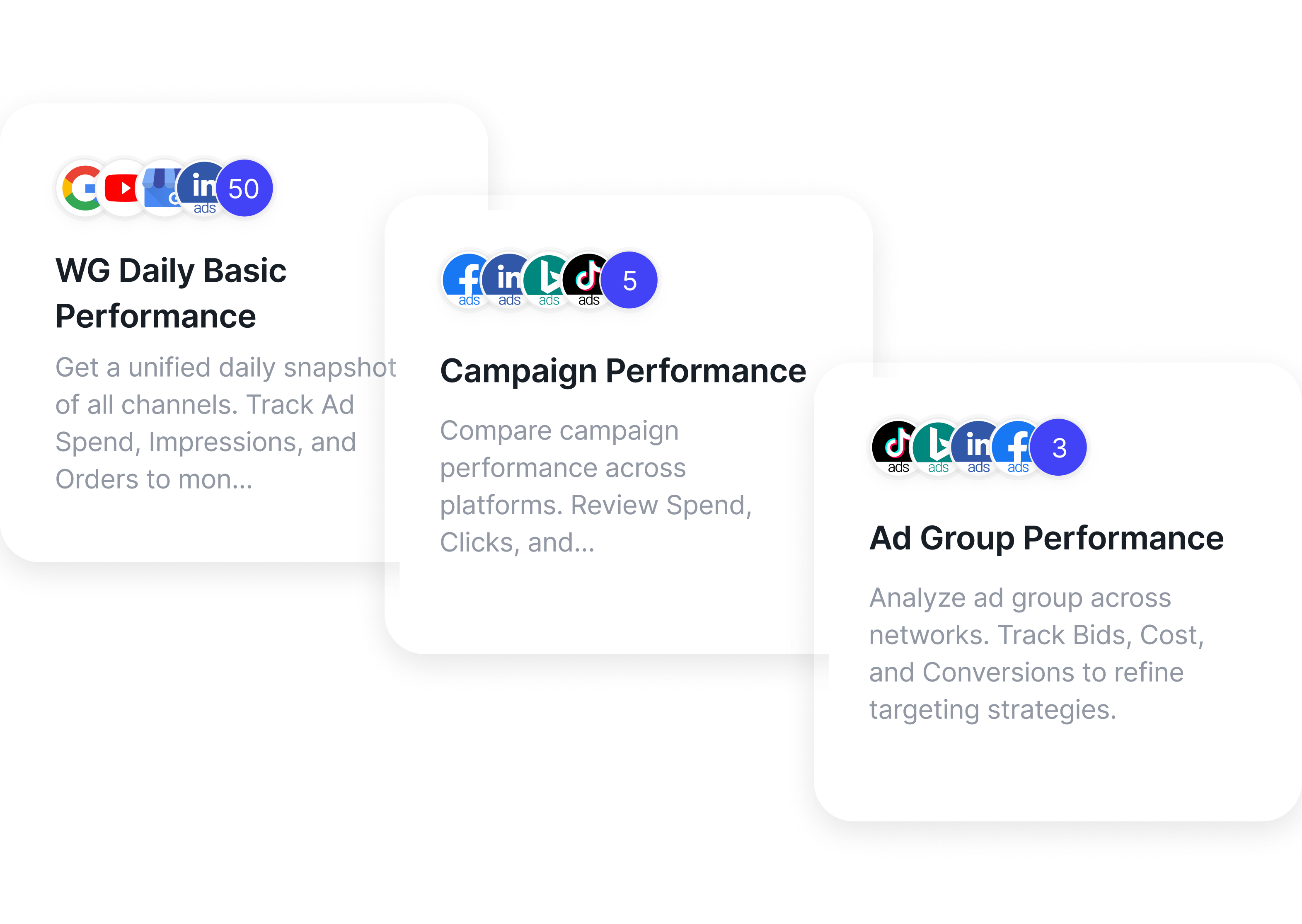 Cta - Three cards displaying campaign performance analytics across different platforms.