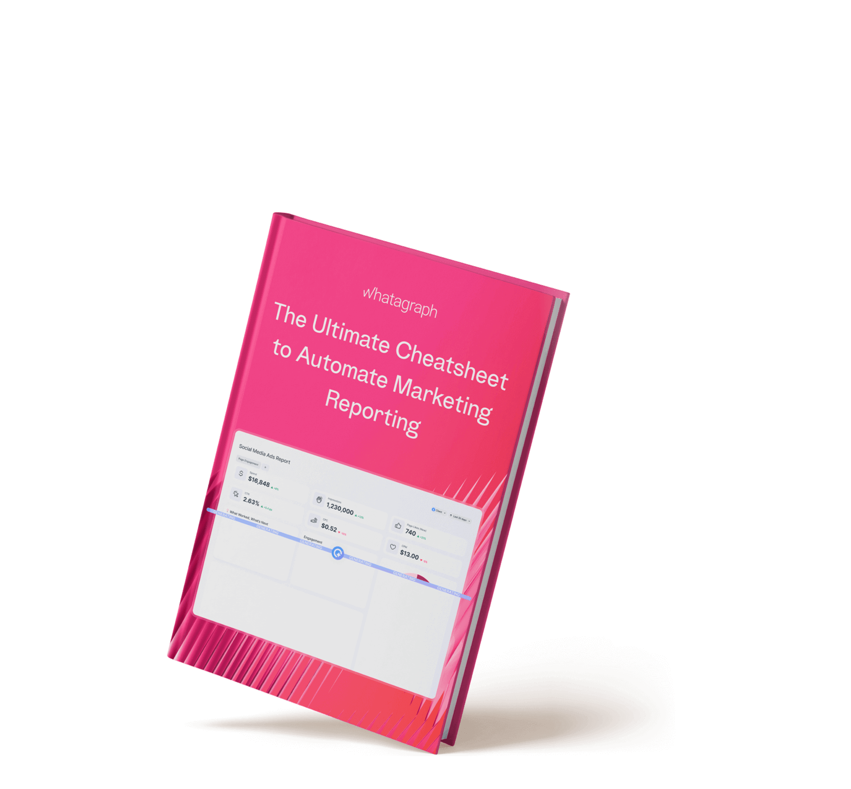 Whatagraph Ebook - Pink marketing ebook cover with report interface.