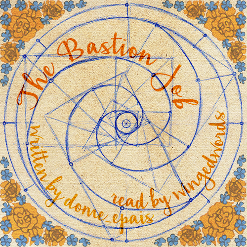 Cover art of the fic. A blue sketched design with a spiral and concentric circles. The edges are covered with drawings of orange and blue flowers. The title, authors, and podficcer are written around the spiral in orange.