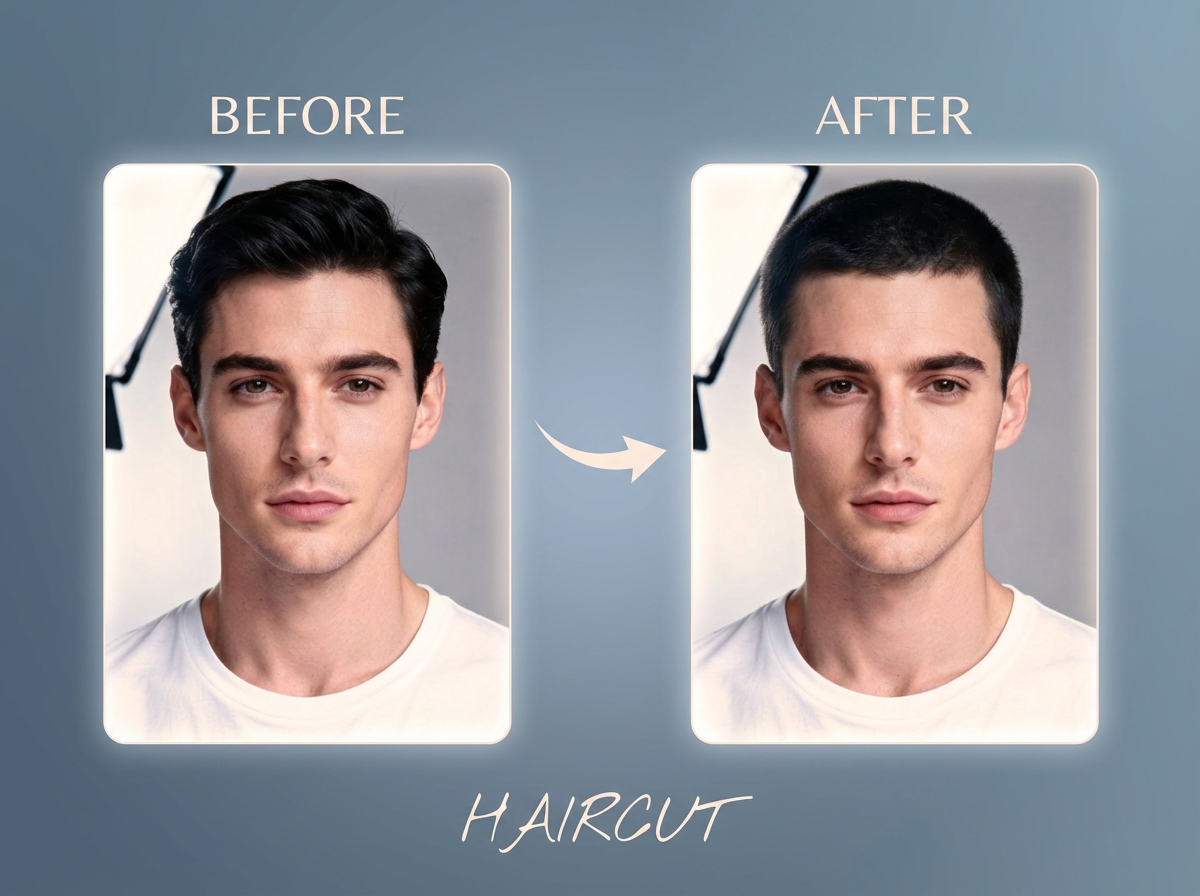 Before and after realistic buzz cut filter powered by Nano Banana Pro