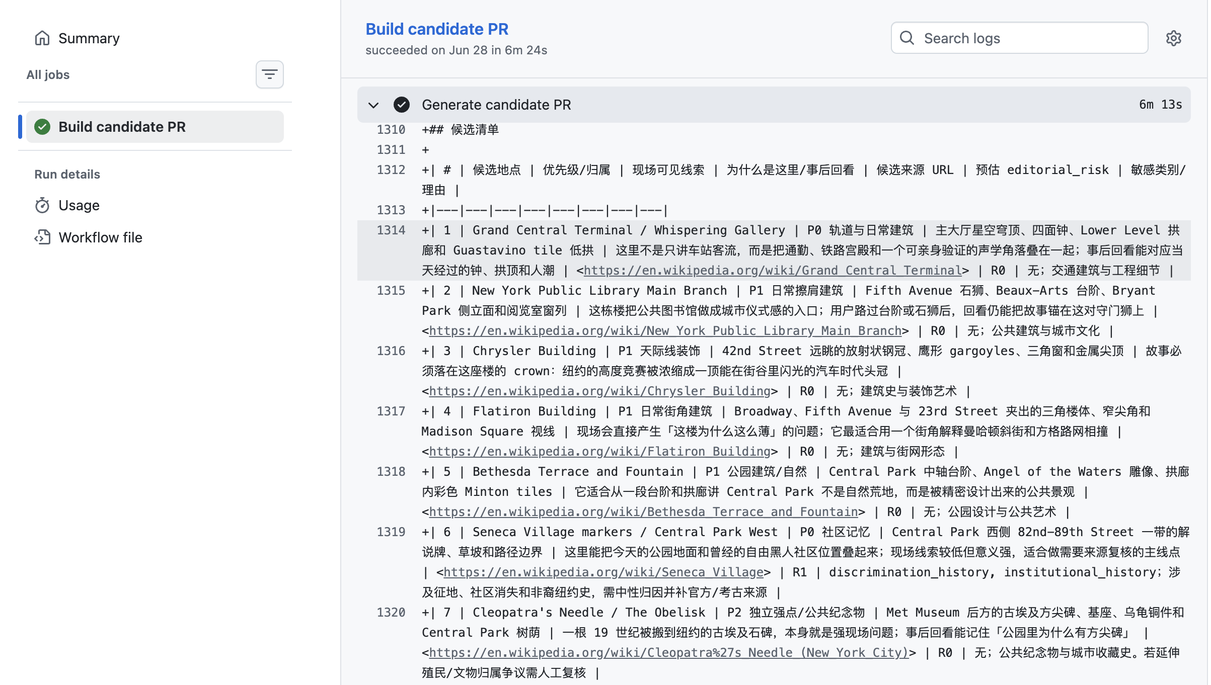 GitHub Actions 中一次成功的 Build candidate PR 任务,日志展示纽约候选地点清单