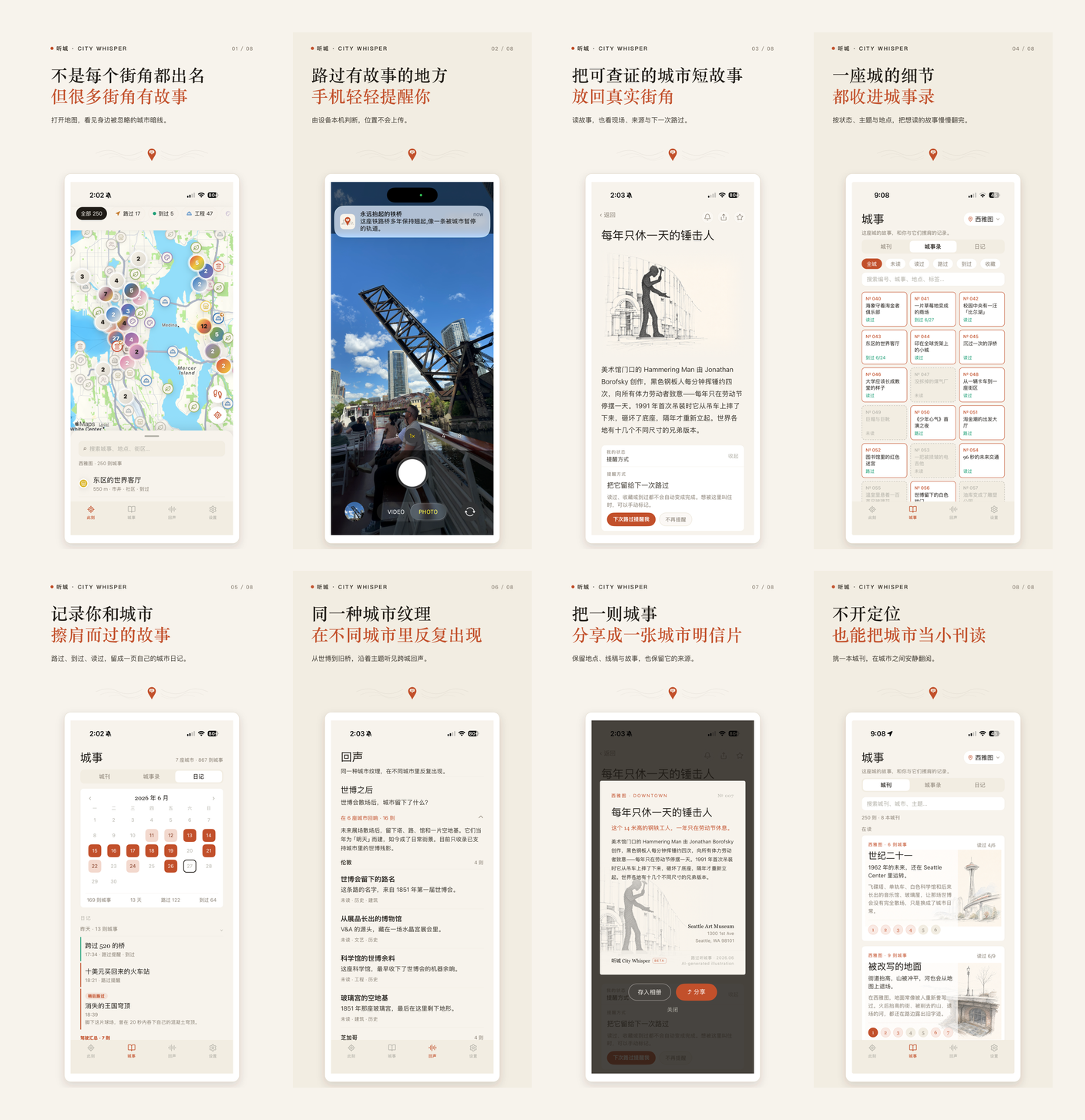 听城 App Store 的八张中文宣传图,依次展示地图、路过提醒、故事详情、城事录、日记、回声、分享卡和不定位阅读